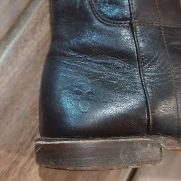 Frye Paige tall riding boot leather layer dark brown stack heel - Picture 5 of 12